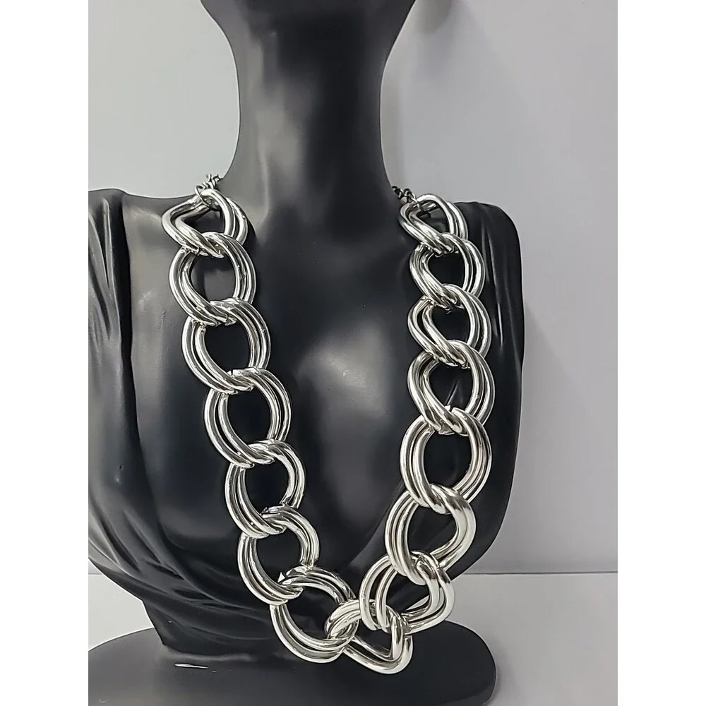 Chunky Silver Tone Link Necklace Oversized Chain Statement Collar - Picture 2 of 10